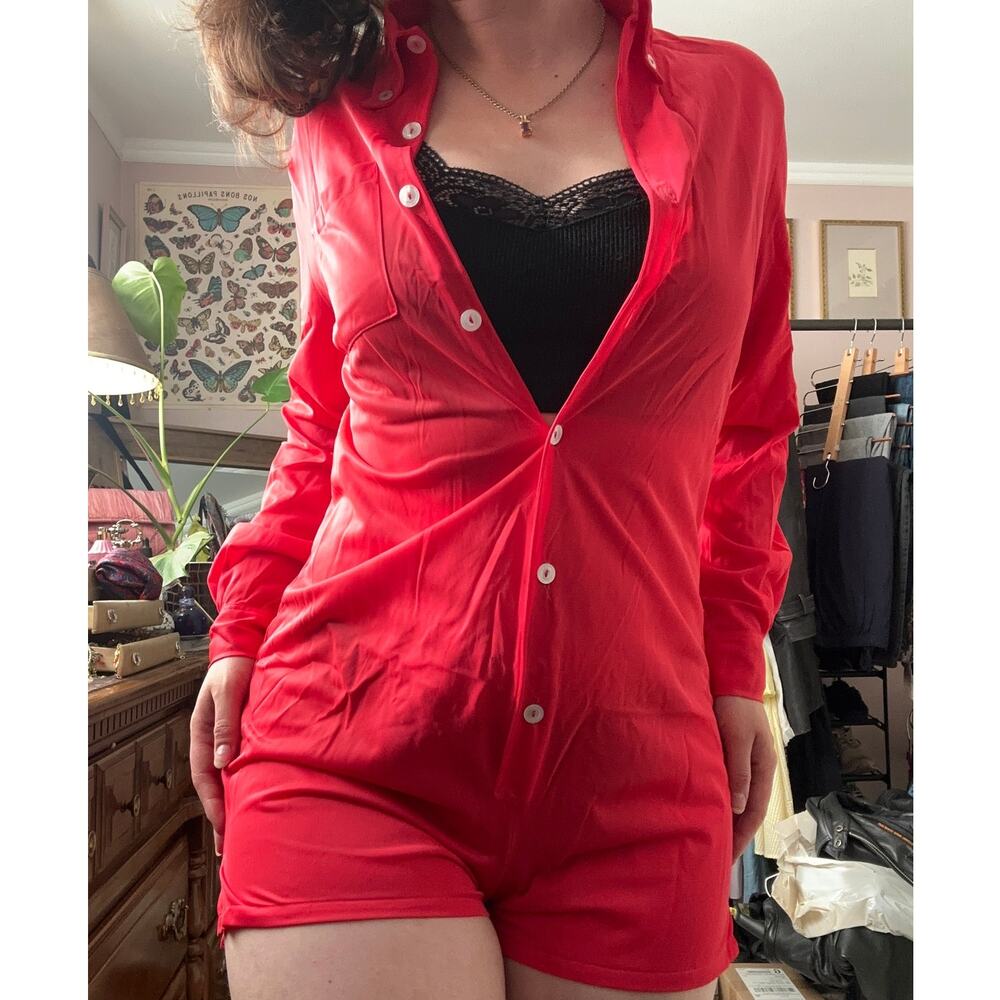 Cute Vintage 70s Lurite by Kayser Bright Red Sheer Lingerie Romper Retro Buttons